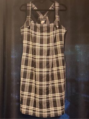 VTG 90s Expressions Plaid Black/White Mini Dress Buckle Straps Zipper Size S